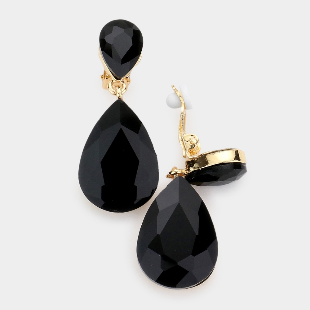 Black Dangle Crystal ClipOn Earrings 1.75 Inches Cute Teardrop Statement Jewelry